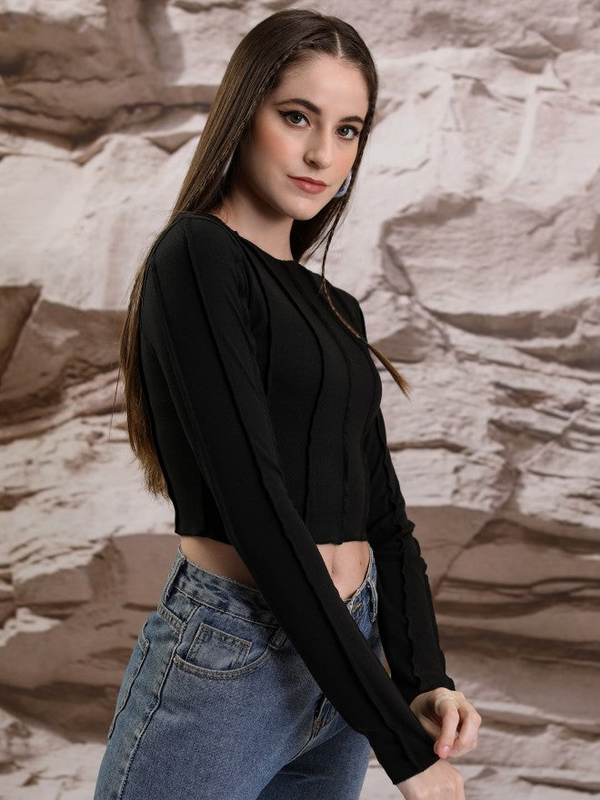 Tokyo Talkies Women Black Solid Fitted Top - Black - Image 6