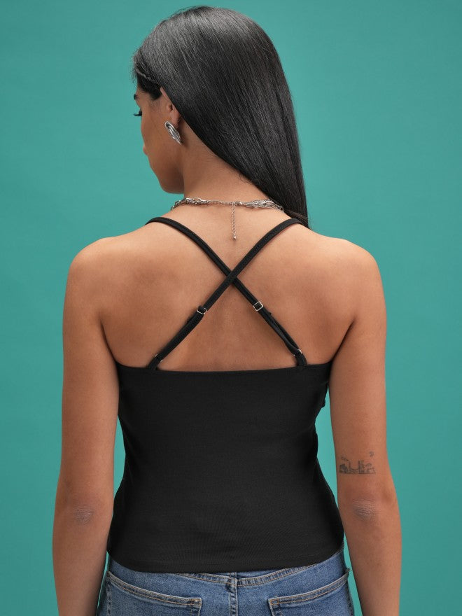 Tokyo Talkies Women Black Solid Fitted Top - Black - Image 3