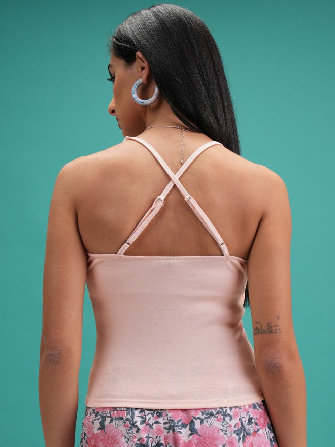 Tokyo Talkies Women Pink Solid Fitted Top - Pink - Image 3