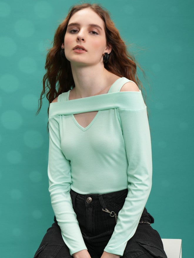 Tokyo Talkies Women Green Solid Fitted Top - Green - Image 1