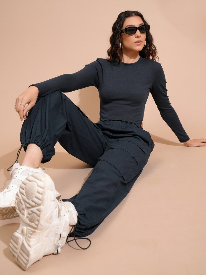Tokyo Talkies Women Navy Blue Solid Fitted Top - Navy Blue - Image 2