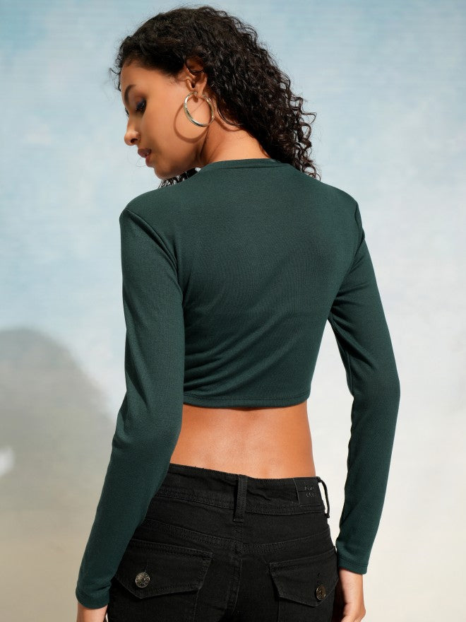 Tokyo Talkies Women Green Solid Fitted Top - Green - Image 3