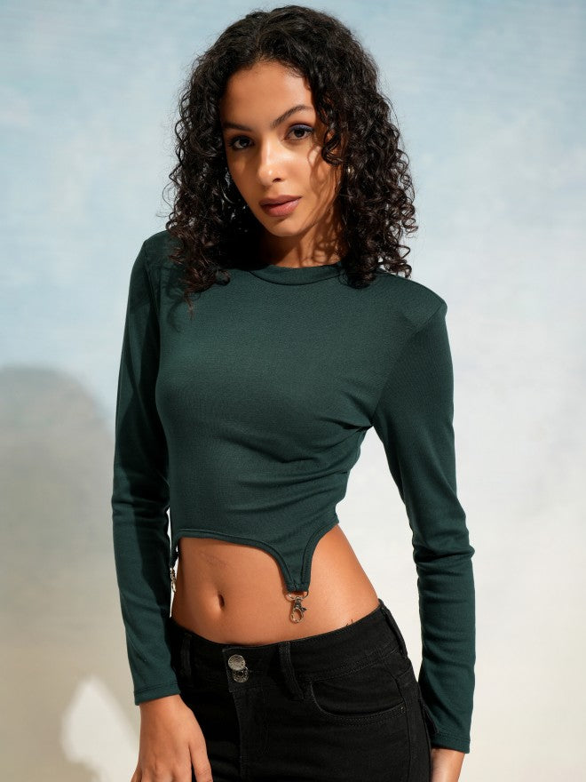 Tokyo Talkies Women Green Solid Fitted Top - Green - Image 4