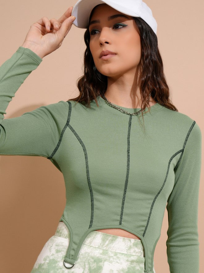 Tokyo Talkies Women Green Solid Fitted Top - Green - Image 1