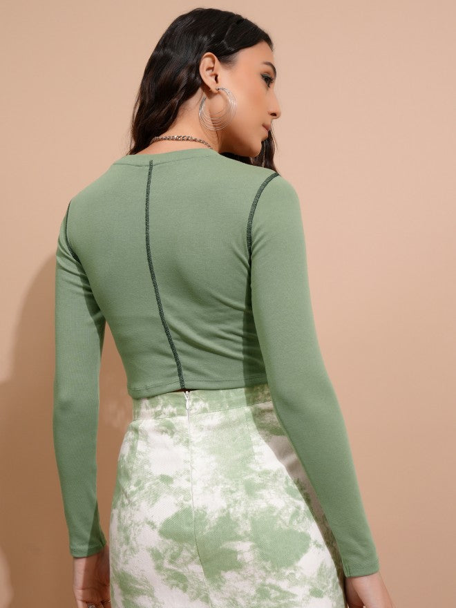 Tokyo Talkies Women Green Solid Fitted Top - Green - Image 3