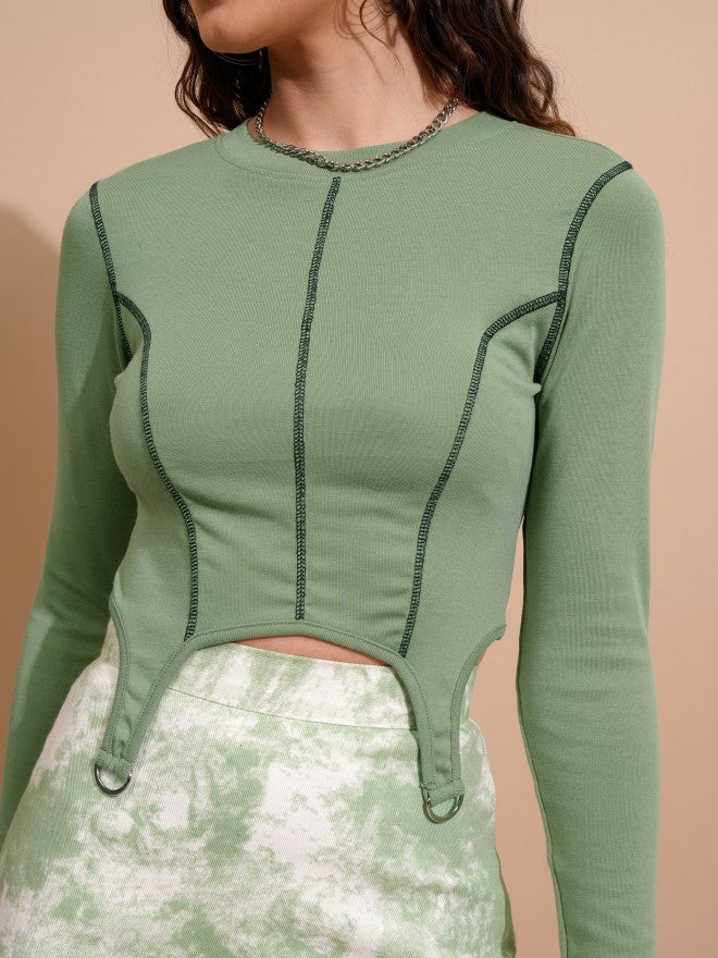 Tokyo Talkies Women Green Solid Fitted Top - Green - Image 5