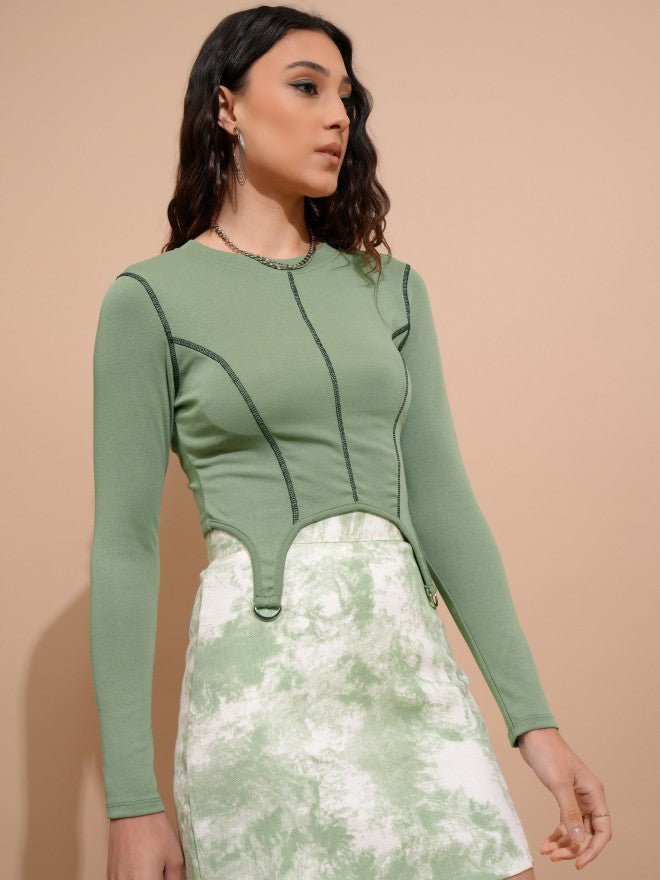 Tokyo Talkies Women Green Solid Fitted Top - Green - Image 6