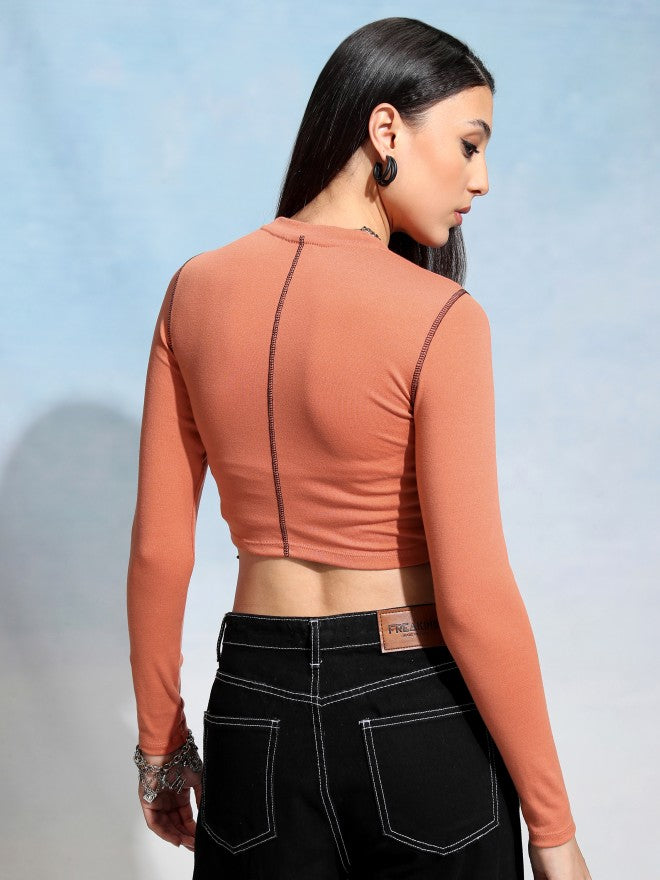 Tokyo Talkies Women Orange Solid Fitted Top - Orange - Image 3