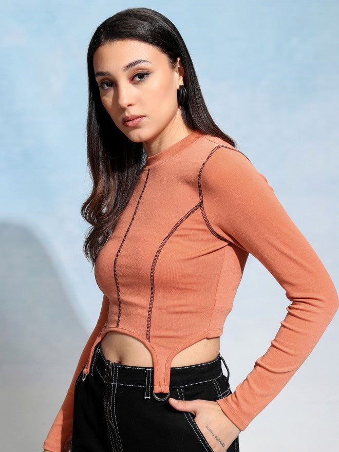 Tokyo Talkies Women Orange Solid Fitted Top - Orange - Image 4