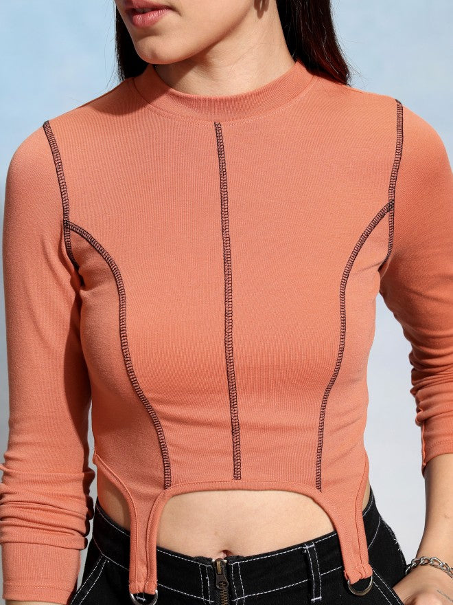 Tokyo Talkies Women Orange Solid Fitted Top - Orange - Image 5