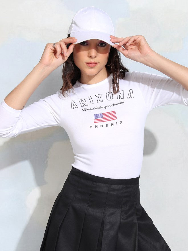 Tokyo Talkies Women White Printed Fitted Top - White - Image 1