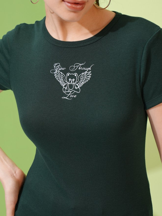 Tokyo Talkies Women Green Printed Fitted Top - Green - Image 5