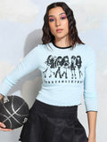 Tokyo Talkies Women Blue Printed Fitted Top - Blue - Image 1