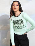 Tokyo Talkies Women Green Printed Fitted Top - Green - Image 1