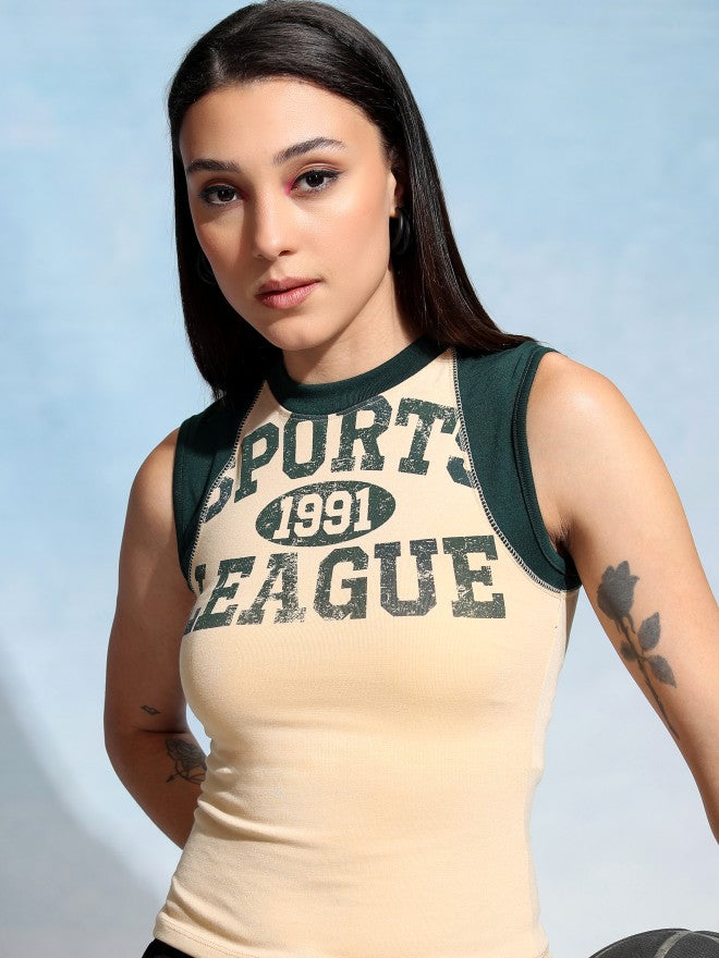 Tokyo Talkies Women Beige Printed Fitted Top - Beige - Image 1