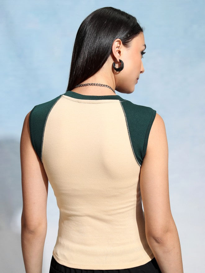 Tokyo Talkies Women Beige Printed Fitted Top - Beige - Image 3