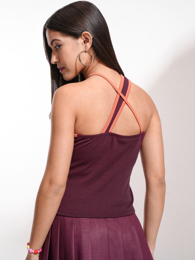 Tokyo Talkies Women Burgundy Printed Fitted Top - Burgundy - Image 3
