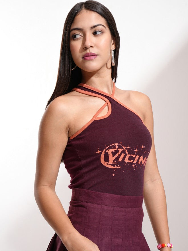 Tokyo Talkies Women Burgundy Printed Fitted Top - Burgundy - Image 6