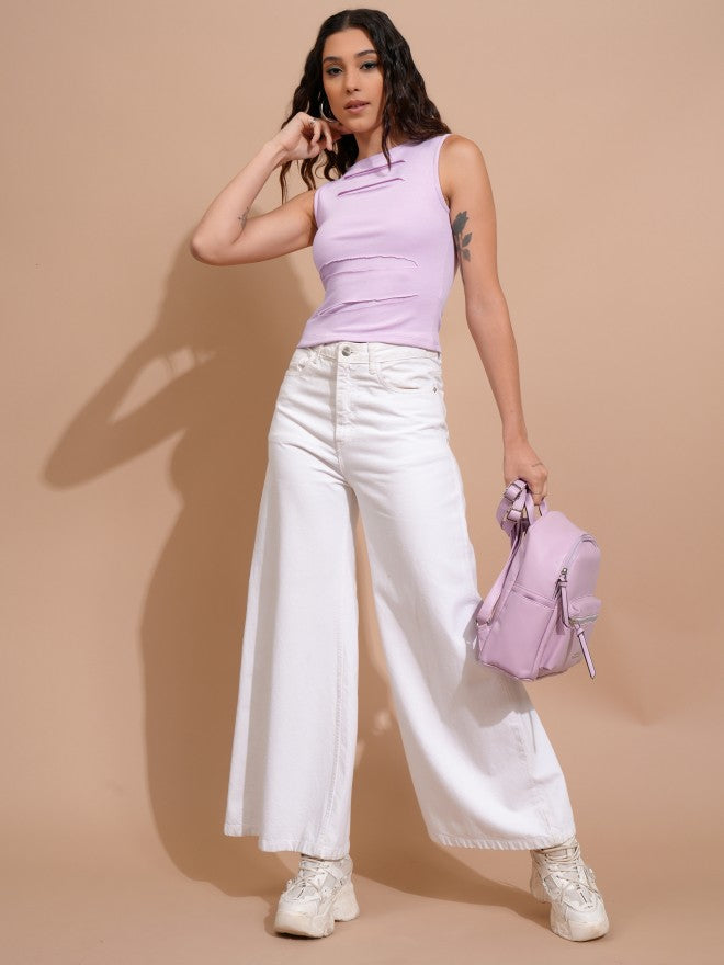 Tokyo Talkies Women Lavender Solid Fitted Top - Lavender - Image 2