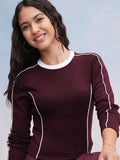 Tokyo Talkies Women Burgundy Solid Fitted Top - Burgundy - Image 1