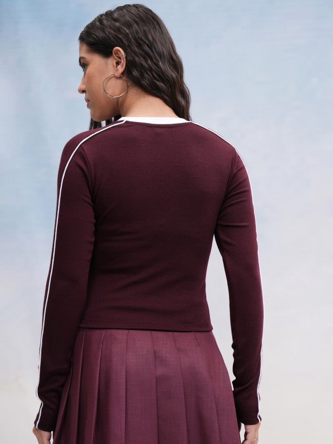 Tokyo Talkies Women Burgundy Solid Fitted Top - Burgundy - Image 3