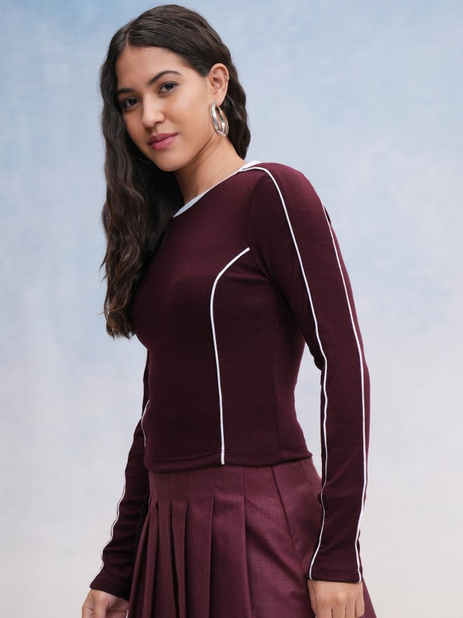 Tokyo Talkies Women Burgundy Solid Fitted Top - Burgundy - Image 4