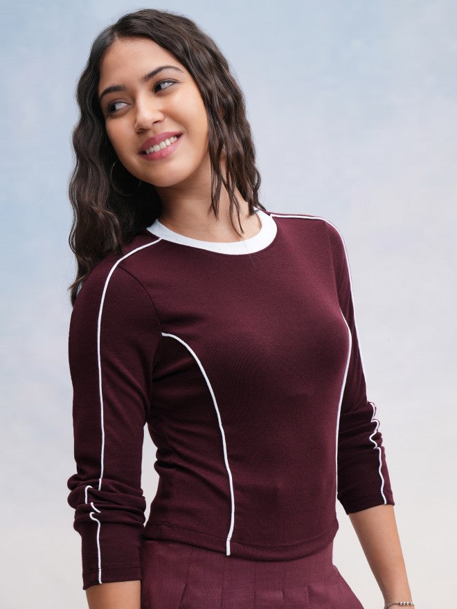 Tokyo Talkies Women Burgundy Solid Fitted Top - Burgundy - Image 6