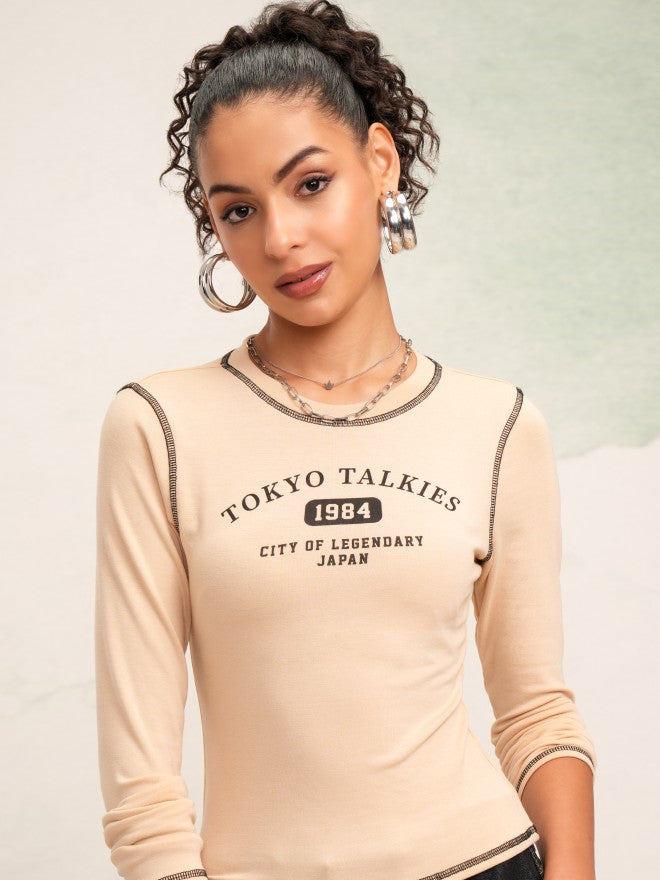 Tokyo Talkies Women Beige Printed Round Neck T-Shirt - Beige - Image 1