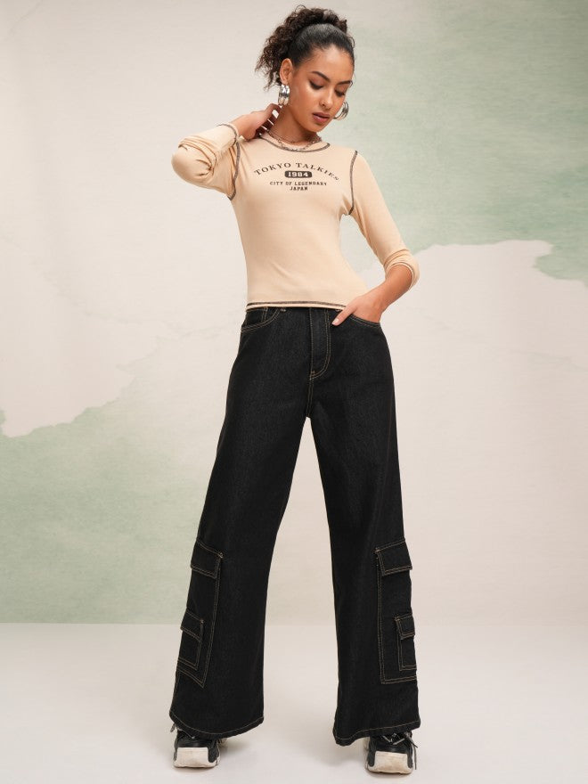 Tokyo Talkies Women Beige Printed Round Neck T-Shirt - Beige - Image 2