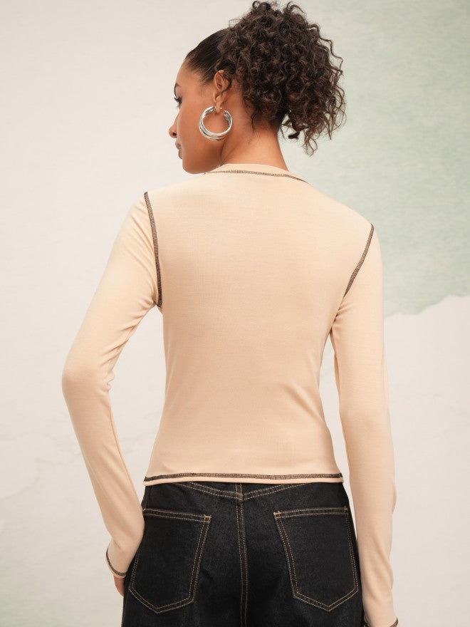 Tokyo Talkies Women Beige Printed Round Neck T-Shirt - Beige - Image 3