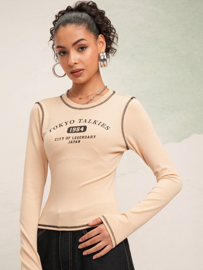 Tokyo Talkies Women Beige Printed Round Neck T-Shirt - Beige - Image 4