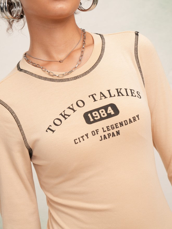 Tokyo Talkies Women Beige Printed Round Neck T-Shirt - Beige - Image 5