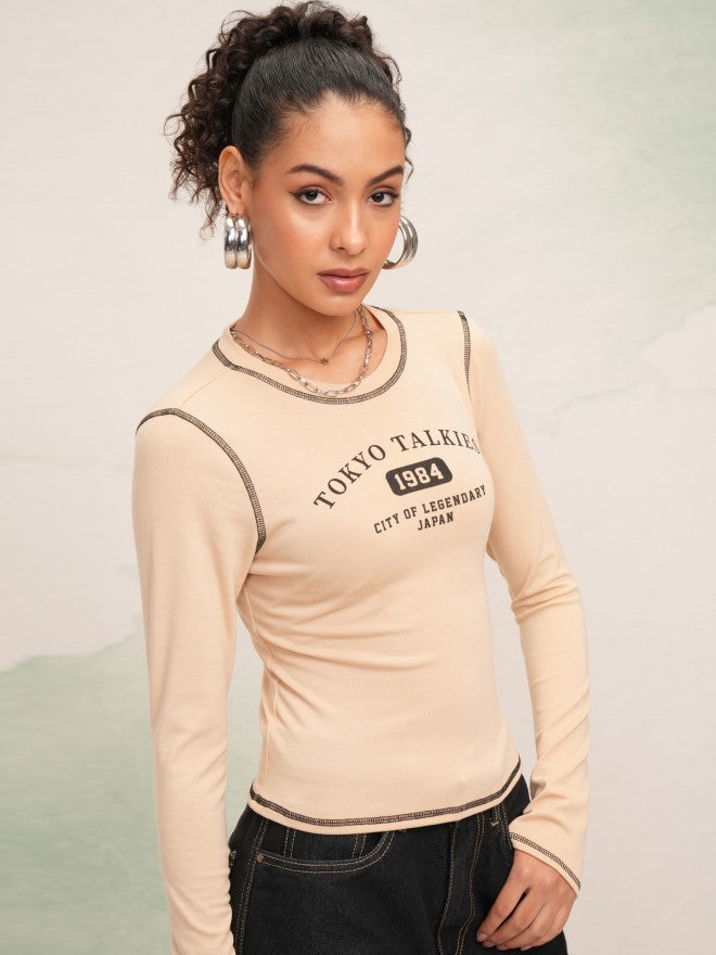 Tokyo Talkies Women Beige Printed Round Neck T-Shirt - Beige - Image 6