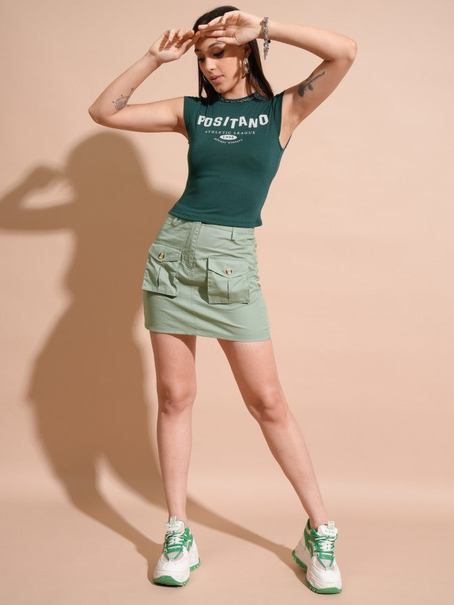 Tokyo Talkies Women Green Printed Fitted Top - Green - Image 2