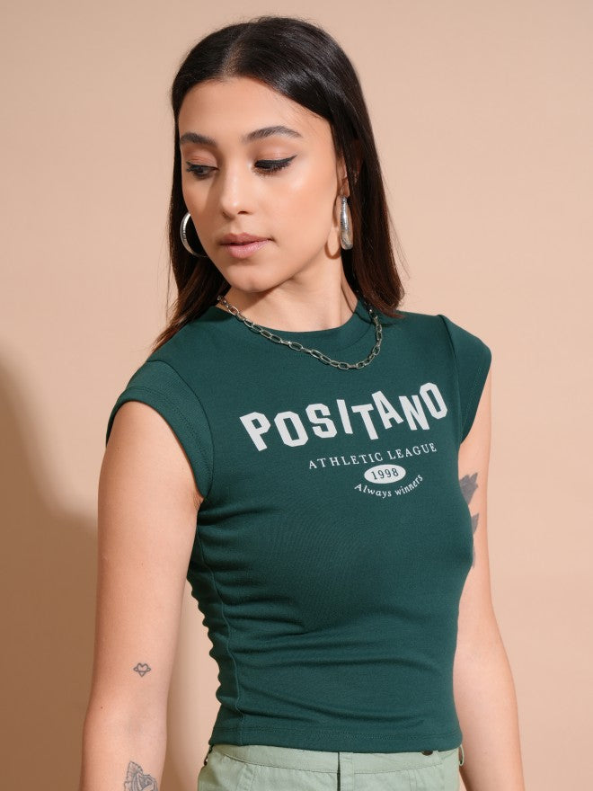 Tokyo Talkies Women Green Printed Fitted Top - Green - Image 6