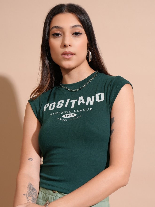 Tokyo Talkies Women Green Printed Fitted Top - Green - Image 7