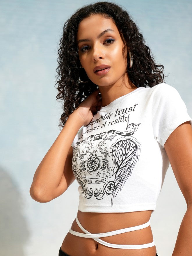 Tokyo Talkies Women White Printed Fitted Top - White - Image 1