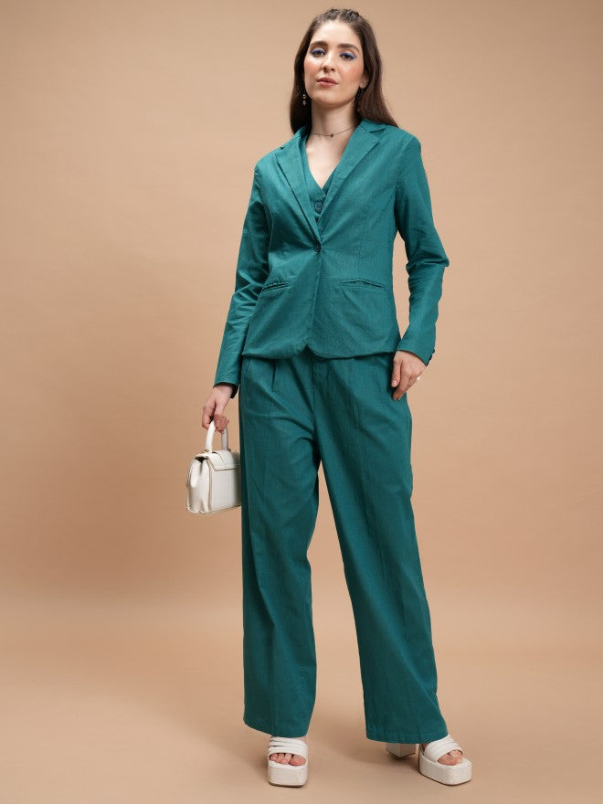Tokyo Talkies Women Teal Single-Breasted Blazer - Teal - Image 2