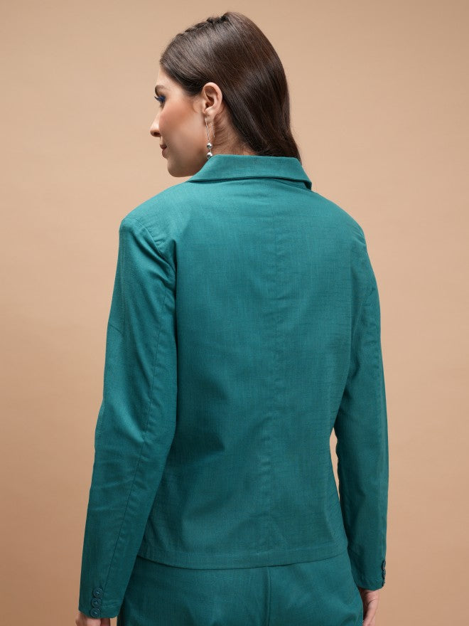 Tokyo Talkies Women Teal Single-Breasted Blazer - Teal - Image 3