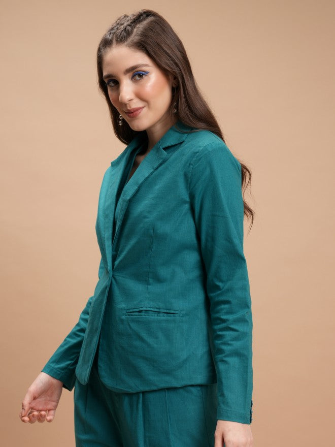 Tokyo Talkies Women Teal Single-Breasted Blazer - Teal - Image 4