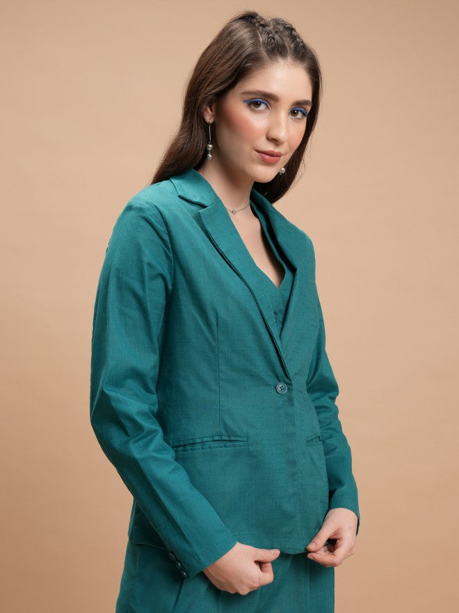 Tokyo Talkies Women Teal Single-Breasted Blazer - Teal - Image 6