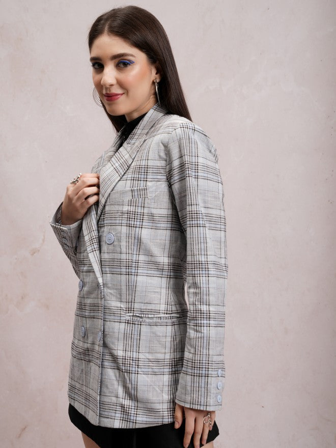 Tokyo Talkies Women Grey Double-Breasted Blazer - Grey - Image 4