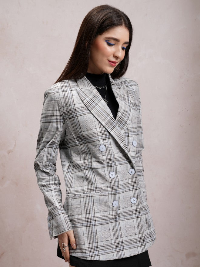 Tokyo Talkies Women Grey Double-Breasted Blazer - Grey - Image 6