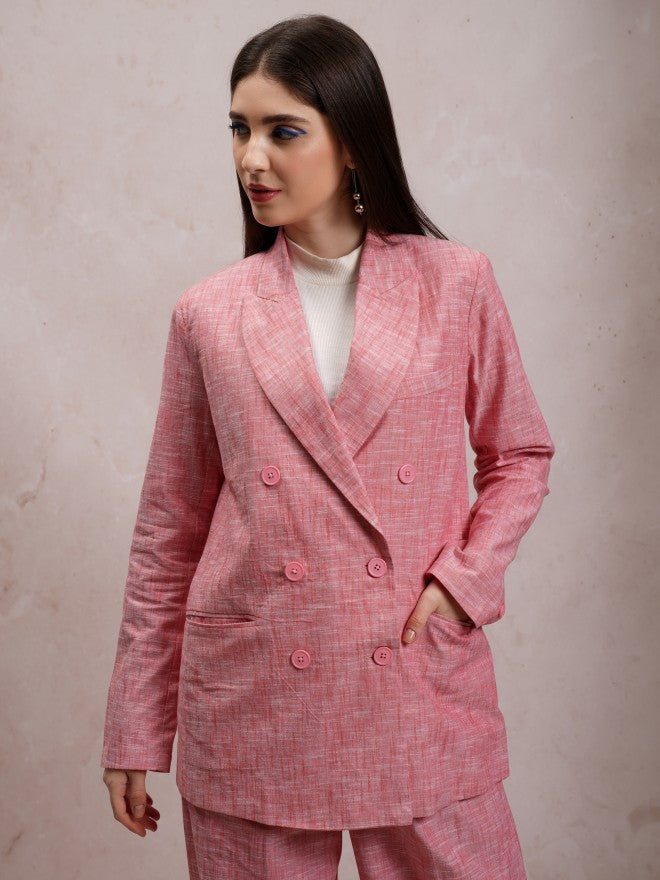 Tokyo Talkies Women Red Double-Breasted Blazer - Red - Image 1