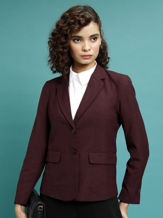 Tokyo Talkies Women Maroon Single-Breasted Blazer - Maroon - Image 1