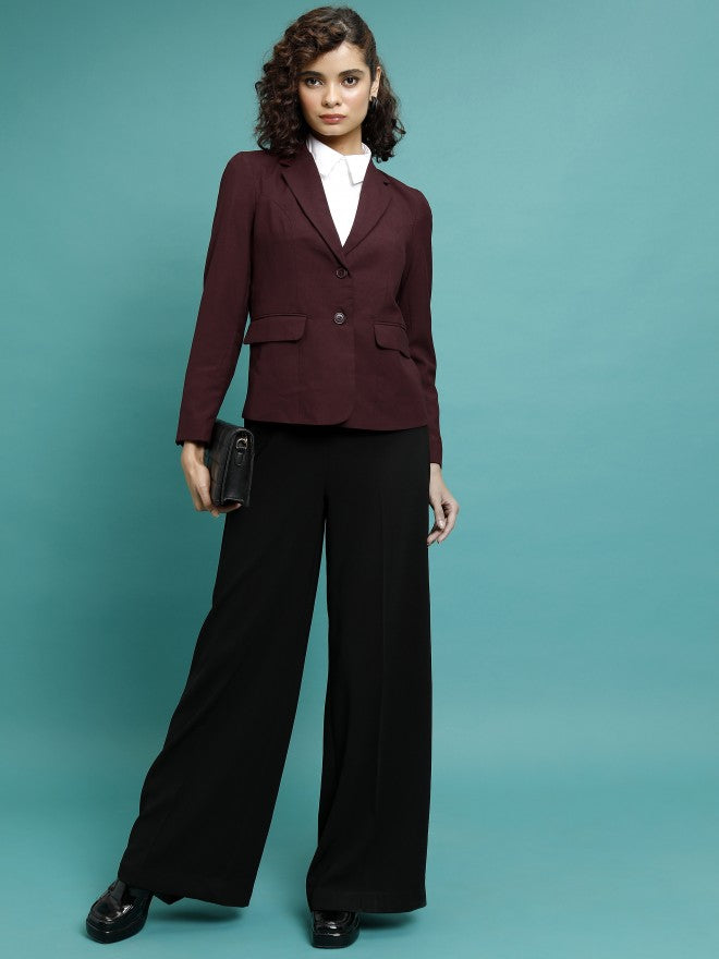 Tokyo Talkies Women Maroon Single-Breasted Blazer - Maroon - Image 2