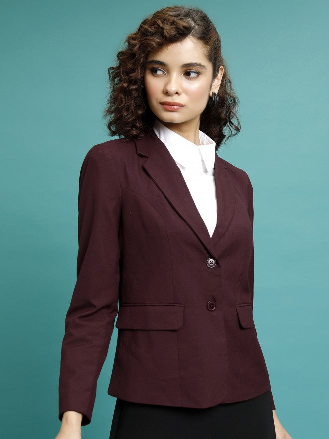 Tokyo Talkies Women Maroon Single-Breasted Blazer - Maroon - Image 6