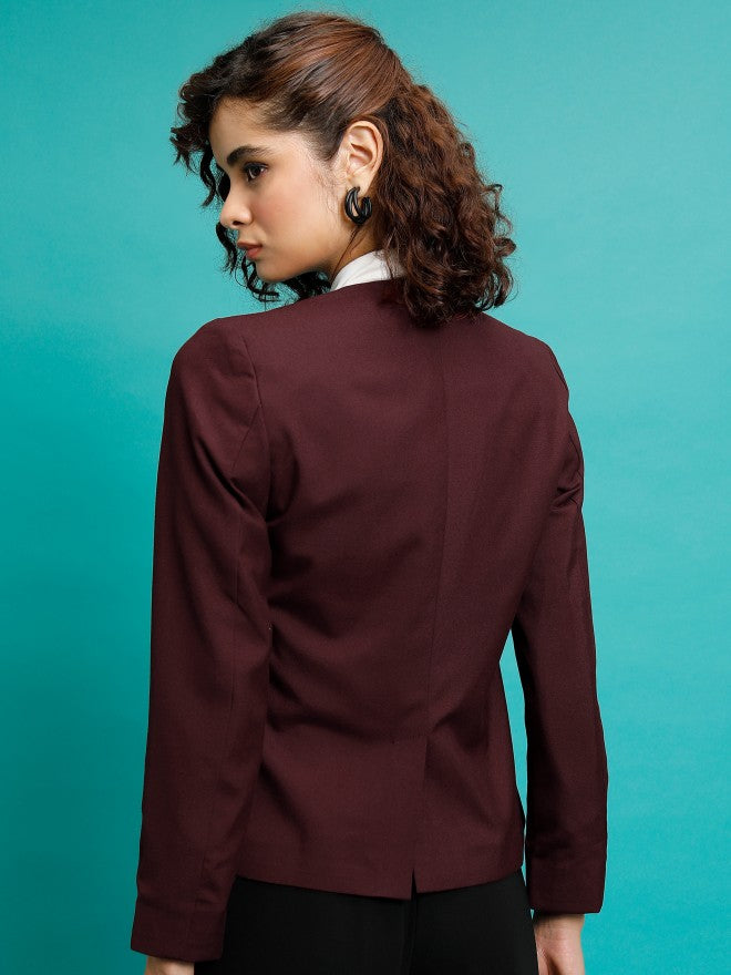 Tokyo Talkies Women Maroon Single-Breasted Blazer - Maroon - Image 3