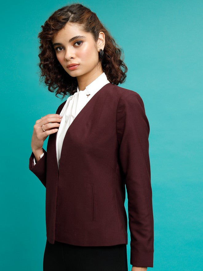 Tokyo Talkies Women Maroon Single-Breasted Blazer - Maroon - Image 4