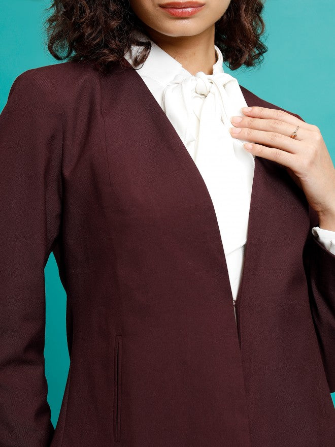 Tokyo Talkies Women Maroon Single-Breasted Blazer - Maroon - Image 5